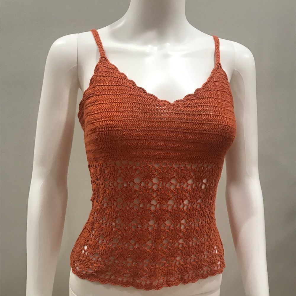 Crocheted Knitted Top, Orange, Ann Tjan for Kenar, Size L (Medium fit)